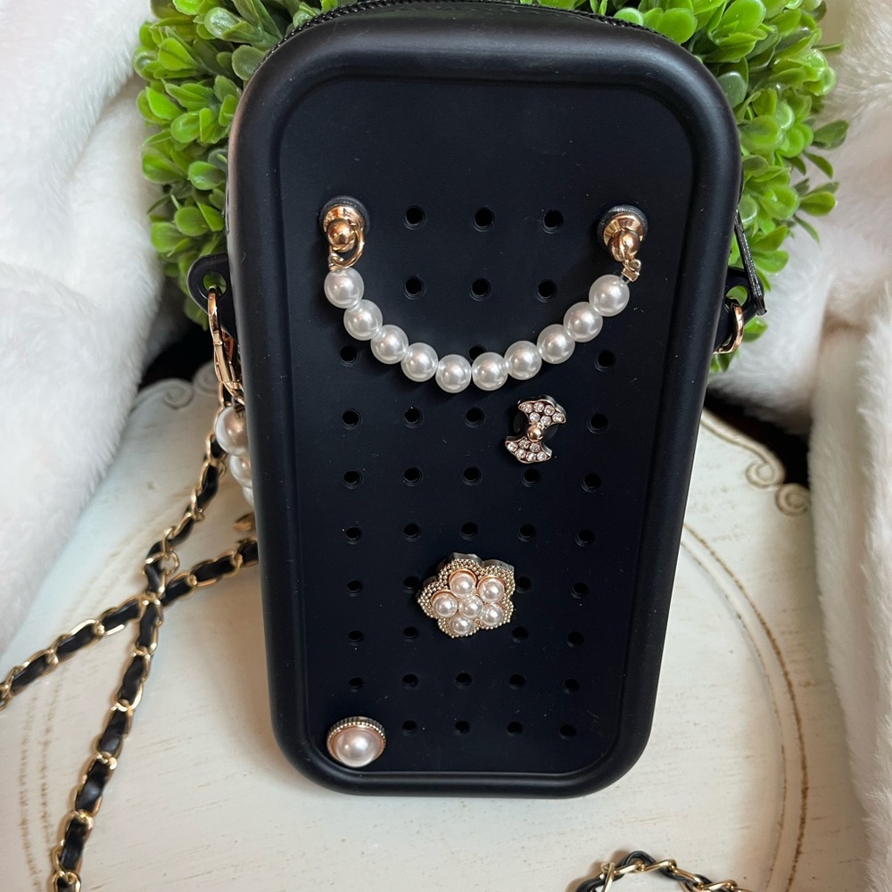Boujee silicone Black Crossbody Phone Case with Faux Pearl Accents new - Picture 2 of 8